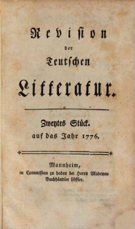 Revision der teutschen Litteratur, 2. 1776
