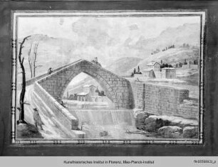 Serie von Landschaftsdarstellungen unter den Fenstern : Flusslandschaft mit Brücke