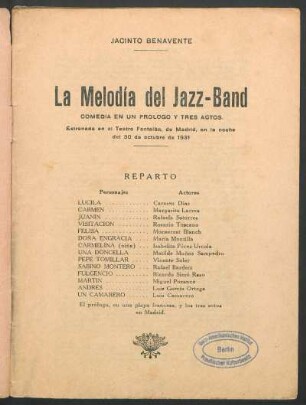 1931000100: La melodía del jazz-band : comedia en un prólogo y tres actos