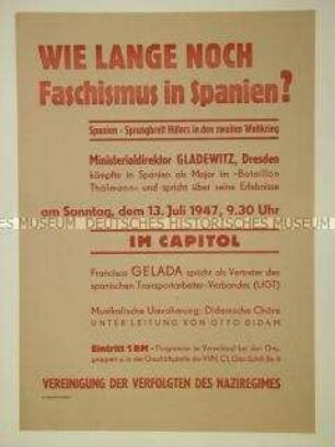 Maueranschlag zur Ankündigung eines Vortrages über die politische Situation in Spanien