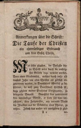 Anmerkungen über die Schrift: Die Taufe der Christen etc.