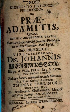 Diss. hist. philol. de praeadamitis