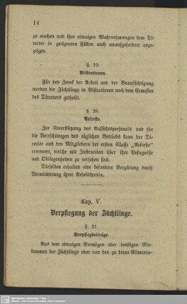 Cap. V. Verpflegung der Züchtlinge