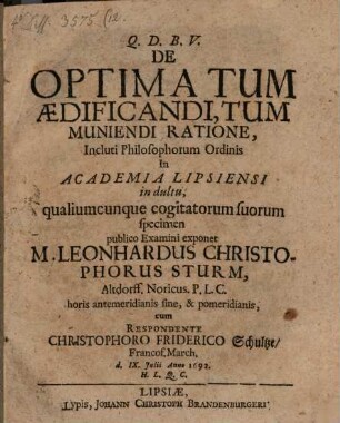 De optima tum aedificandi tum muniendi ratione