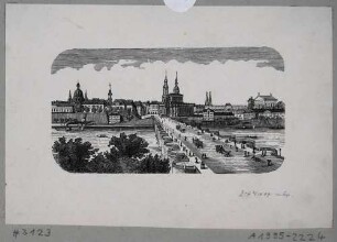 Stadtansicht von Dresden, Blick von Norden über Elbe und Augustusbrücke auf die Altstadt