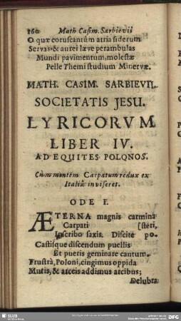 Math. Casim. Sarbievii Societatis Iesu. Lyricorum Liber IV. Ad Equites Poloqnos
