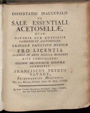 Dissertatio Inauguralis De Sale Essentiali Acetosellæ