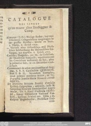 Catalogue De Livres qu'on trouve chez Heidegguer & Comp.