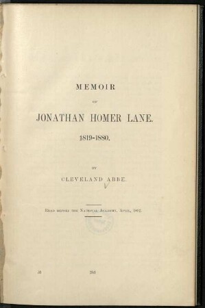 Memoir of Jonathan Homer Lane, 1819 - 1880