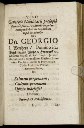 Viro Generosæ Nobilitatis prosapia [...] Dn. Georgio a Werthern [...]