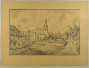 Die Kirche in Struppen in der Sächsischen Schweiz von Süden mit dem Friedhof am Kirchberg