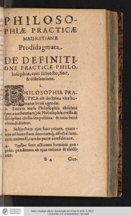 PHILOSOPHIAE PRACTICAE MAURITIANAE Prodidagmata. [...]