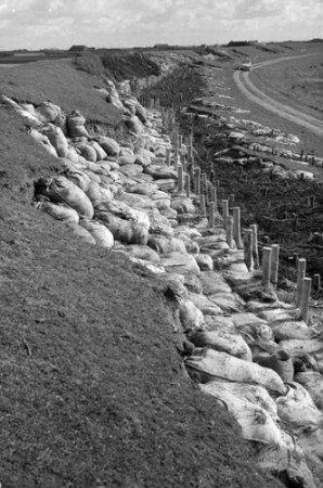 Tümlauer-Koog: Sandsäcke in Deichbruchstellen