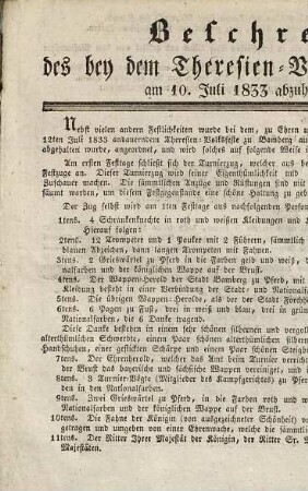 Turnier beym Theresien-Volksfeste zu Bamberg 1833 : [Beschreibung des bey dem Theresien-Volksfeste zu Bamberg am 10. Juli 1833 abzuhaltenden Turnieres]