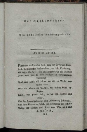 Der Nachtwächter. Ein komisches Heldengedicht. Zweyter Gesang