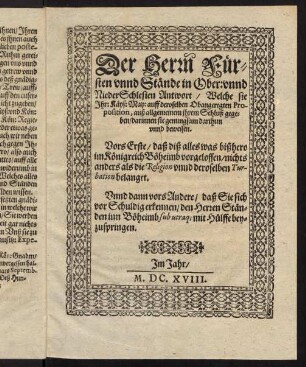 C2r-D6v, Der Herrn Fürsten unnd Stände in Ober- unnd NiederSchlesien Antwort, welche sie ihr Käys. May. auff deroselben obangeregten Proposition, auß allgemeinem ihrem Schluß gegeben ...