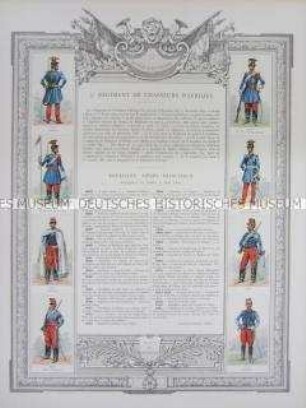 Uniformdarstellung, Rüstungen und Uniformen von Soldaten des 3. Afrikanischen Jäger-Regiments zu Pferde und Zeittafel von Schlachten und Belagerungen mit Beteiligung dieses Regiments, Frankreich, 1833-1893.