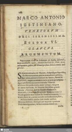 Marco Antonio Iustiniano. Venetorum duci Serenissimo. Ecloga VI. Glaucus