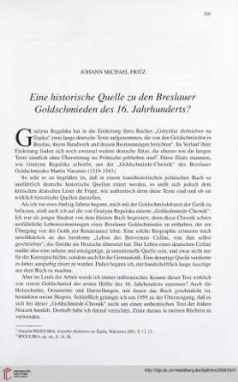 70: Eine historische Quelle zu den Breslauer Goldschmieden des 16. Jahrhunderts?