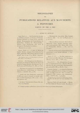 6: Bibliographie des publications relatives aux manuscrits à peintures : parues de 1920 a 1922