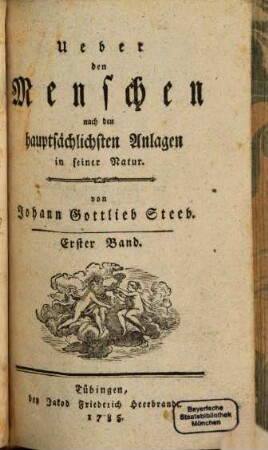 Ueber den Menschen nach den hauptsächlichsten Anlagen in seiner Natur, Erster Band. Von dem Menschen überhaupt, ohne Rüksicht auf die besondere Stufen seiner Kultur