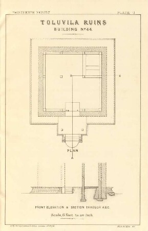 Plate U. Toluvila ruins. Building No. 44. Plan. Front elevation & section through A. B. C.