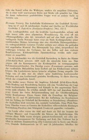 211-213 [Rezension] Nottarp, Hermann, Das katholische Kirchenwesen der Grafschaft Ravensberg im 17. und 18. Jahrhundert