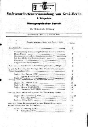 Nr. 18, 27. Februar 1947, Ordentliche Sitzung