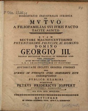 Diss. inaug. iur. de mutuo a filio familias sui iuris facto tacite agnito
