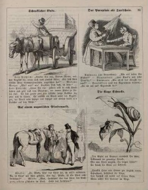 "Schreckliches Ende" "Das Parapluie als Taufschein" "Auf einem ungarischen Pferdemarkt" "Die kluge Schnecke"