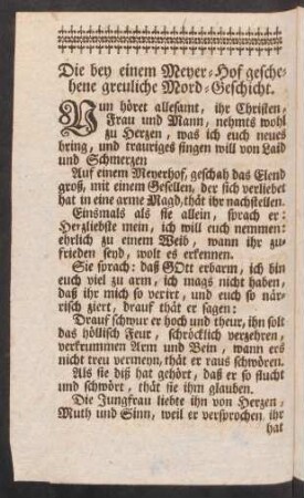 Die bey einem Meyer=Hof geschehene greuliche Mord=Geschicht.