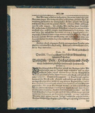Num. II. Der löbl. Theologischen Facultät zu Wittenberg Antwort-Schreiben.