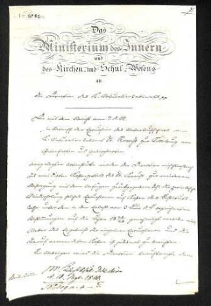 Schreiben des Ministeriums des Inneren und des Kirchen- und Schulwesens an die Direktion des königl. Naturalien Kabinets