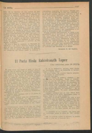 El poeta hindu Rabindranath Tagore : (Una entrevista para LA NOTA)