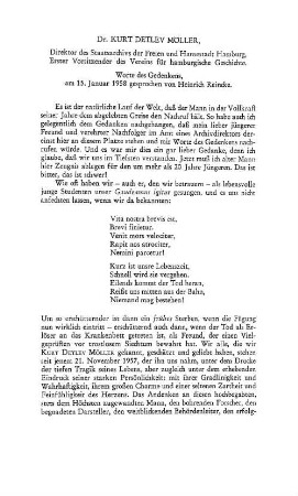 Dr. Kurt Detlev Möller, Direktor des Staatsarchivs der Freien und Hansestadt Hamburg, Erster Vorsitzender des Vereins für hamburgische Geschichte, Worte des Gedenkens, am 15. Januar 1958