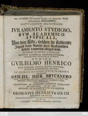Pro Svmmis In Divino Aeqve Ac Hvmano Ivre Capessendis Honoribvs Dispvtationem Inavgvralem De Ivramento Stvdiosorvm Academico Avspicali