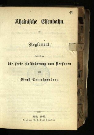 Reglement, betreffend die freie Beförderung von Personen und Dienst-Correspondenz