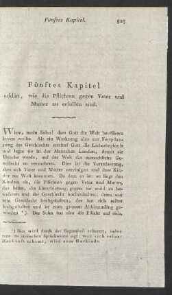 Fünftes Kapitel erklärt, wie die Pflichten gegen Vater und Mutter zu erfüllen sind.
