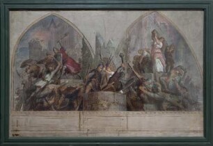 Entwurf zum Wandbild "Die Bestürmung der Burg Meißen im Jahr 1015" (Ölskizze)