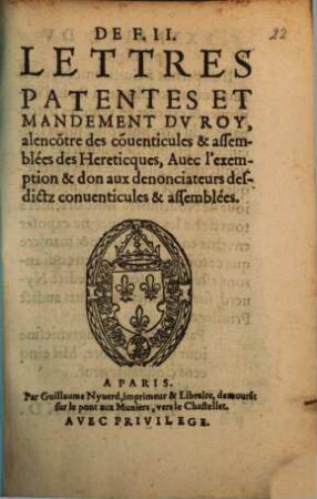 Lettres patentes du Roy à l'encontre des conventicules ... des hereticques
