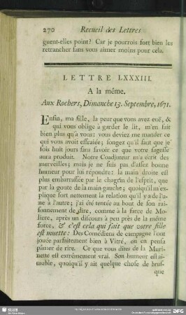 Lettre LXXXIII. A la même. Aux Rochers, Dimanche 13. Septembre, 1671