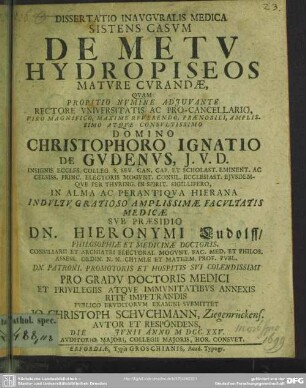 Dissertatio Inauguralis Medica Sistens Casum De Metu Hydropiseos Mature Curandae