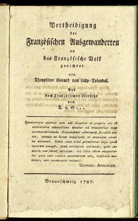 Vertheidigung der Französischen Ausgewanderten : an das Französische Volk gerichtet