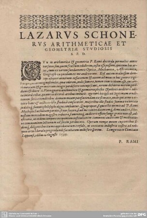 Lazarus Schonerus Arithmeticae et Geometriae Studiosis.