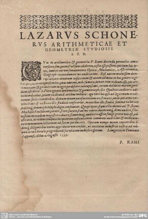 Lazarus Schonerus Arithmeticae et Geometriae Studiosis.