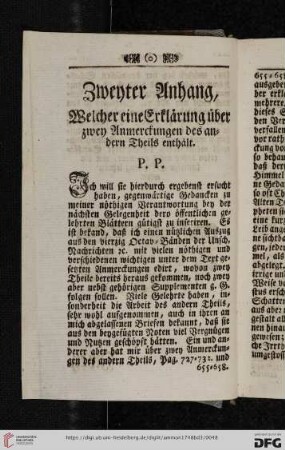 Zweyter Anhang, welcher eine Erklärung über zwey Anmerckungen des andern Theils enthält