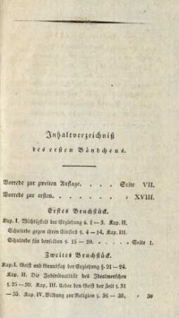 Inhaltsverzeichnis des ersten Bändchens