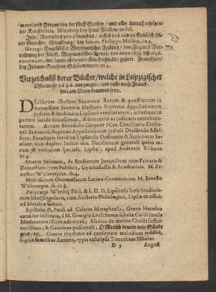 Verzeichnüß derer Bücher/ welche in Leipzigischer Ostermesse 1646. ausgangen/ und nicht nach Franckfurt am Mayn kommen seyn.