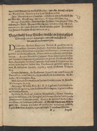 Verzeichnüß derer Bücher/ welche in Leipzigischer Ostermesse 1646. ausgangen/ und nicht nach Franckfurt am Mayn kommen seyn.