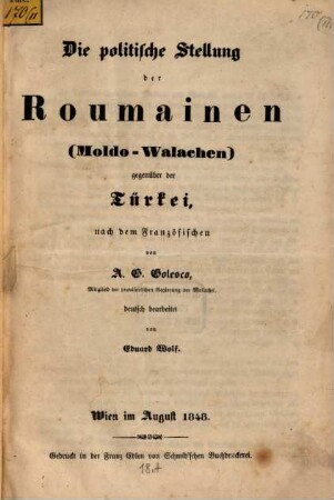Die politische Stellung der Roumainen (Moldo-Walachen) gegenüber der Türkei